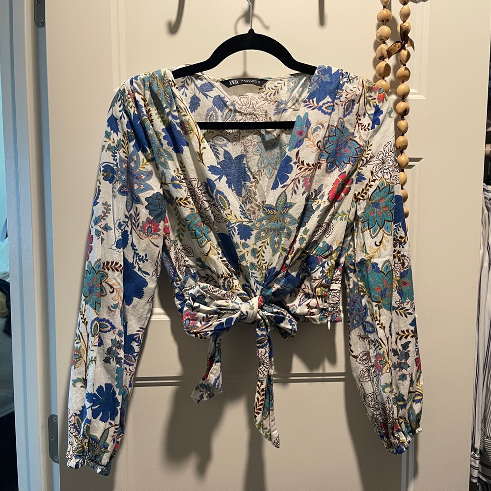Zara Multicolor Floral Tie-Front Blouse